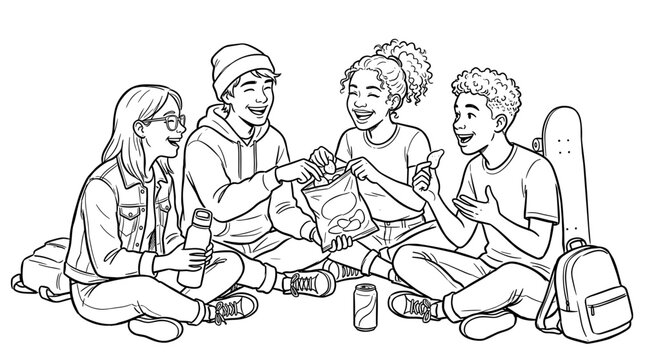 Diverse group of teenagers sharing snacks and laughing outdoors