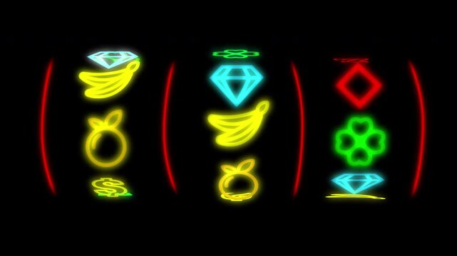 Animated neon casino slot machine reels with colorful symbols and alpha channel, including diamonds, fruit, numbers, letters and dollar sign