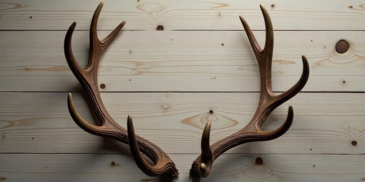 Elegant Antlers Arranged on Light Wooden Planks Creating a Rustic, Natural Frame