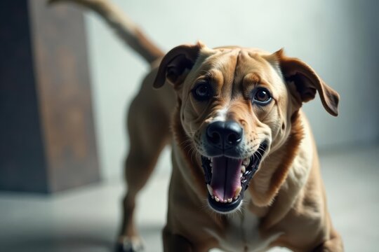 A playful brown dog with an open mouth, a happy expression, and a wagging tail, captured in a candid moment indoors.