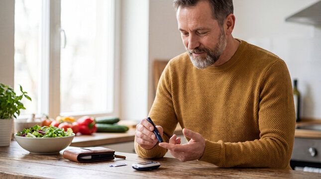 A middle-aged man wearing a mustard sweater checks his blood sugar level with a glucose meter at a wooden kitchen table with healthy vegetables.