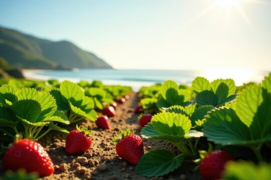 Sunlit Strawberry Patch by the Ocean Rows of vibrant red strawberries ripening in a coastal field, bathed in the warm glow of the setting sun