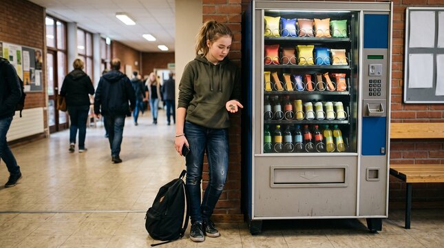 Teenage girl holding coins looking at a snack vending machine in a school hallway