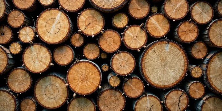 A Stack of Circular Wooden Logs Showing Annual Growth Rings Natural Texture Background