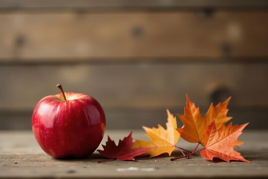 A vibrant red apple rests on a rustic wooden surface, accompanied by a trio of autumnal leaves, creating a serene and picturesque still life.