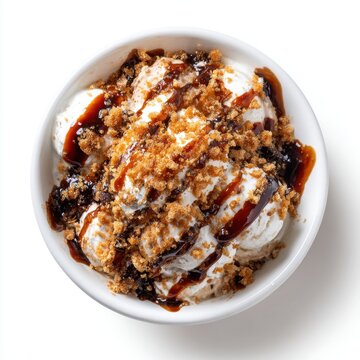 Korean coffee bingsu ice cream with coffee syrup drizzle isolated on white background