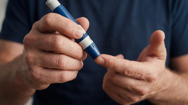 Close-up of a person using a medical lancing device on their finger to test blood sugar levels for diabetes management.