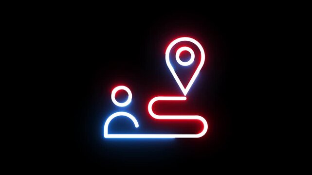 Animated location route with person icon and map pin traveling on black background