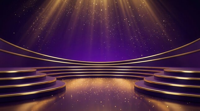 Luxurious purple and gold stage with sparkling lights and elegant flowing lines.