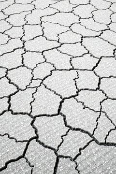 Abstract grayscale image depicting a cracked surface with a pattern of irregular polygons