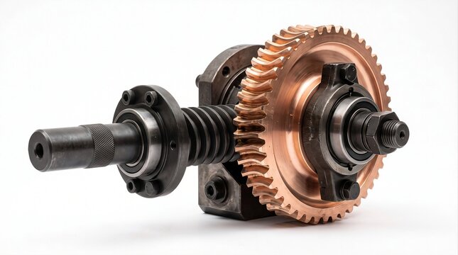 Detailed industrial worm gear mechanism featuring a copper-colored gear, threaded shaft, and metal housing isolated on a clean white background.