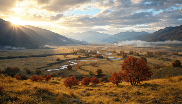 Winding river flowing through a vast golden valley surrounded by rolling mountains under a dramatic sunset sky with soft clouds and light