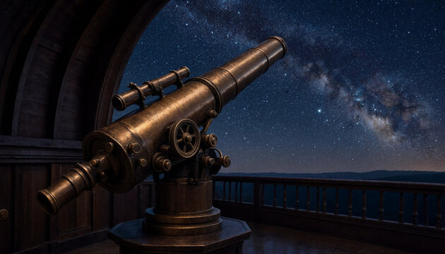 Vintage brass telescope positioned inside a wooden observatory dome looking out at the starry night sky with a visible glowing milky way galaxy