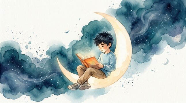Fantasy illustration featuring a boy sitting on a crescent moon and reading a book.