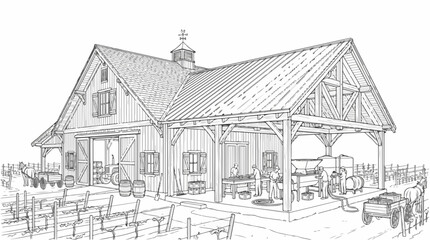 Fototapeta premium Vintage winery barn sketch with workers processing grapes in vineyard