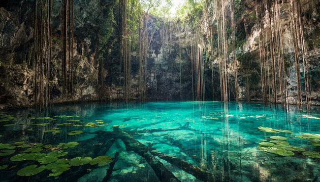 Sunlit cenote with crystal clear turquoise water surrounded by limestone cave walls and hanging tree roots with green lily pads on the surface