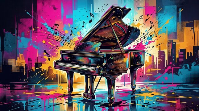 Abstract grand piano and keyboard illustration in a vintage pop art style.