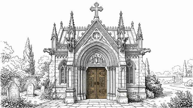 Ornate Gothic Crypt Architectural Drawing with Gargoyles and Graves