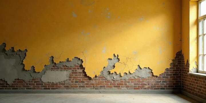 A Room with Peeling Yellow Plaster Reveals an Aged Brick Wall and a Single Window