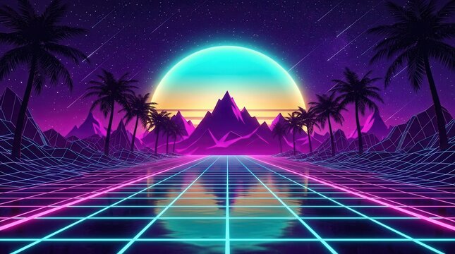 Cyberpunk vintage illustration featuring a neon sun and mountain range.