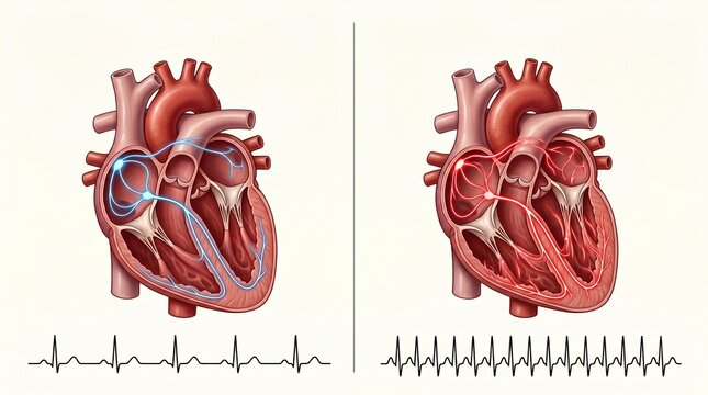 Comparative diagram of cardiac conduction with normal sinus rhythm and tachycardia against the background of an ECG.