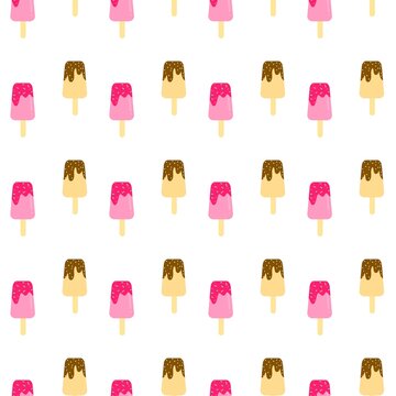 Strawberry and chocolate popsicles seamless pattern. Playful ice cream seamless pattern. Summer frozen desserts pattern background. Cartoon popsicle repeat background
