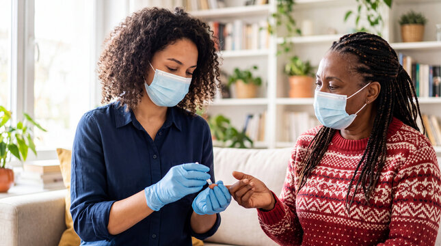 A healthcare professional in a face mask and gloves performing a finger-prick blood glucose test for an elderly woman in her home living room.