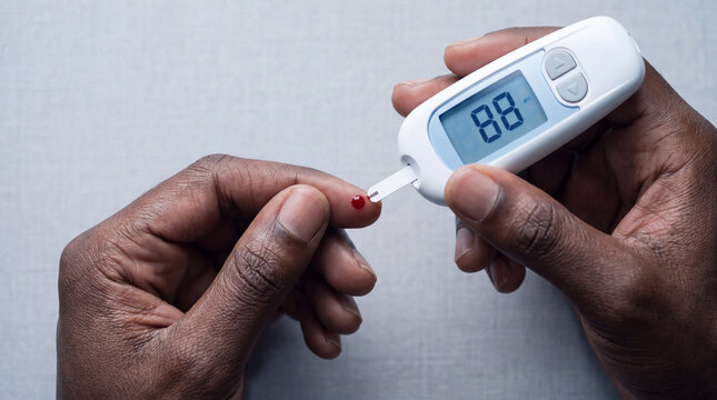 A person using a digital glucometer to measure their blood sugar levels, showing a focus on diabetes management and daily health monitoring.