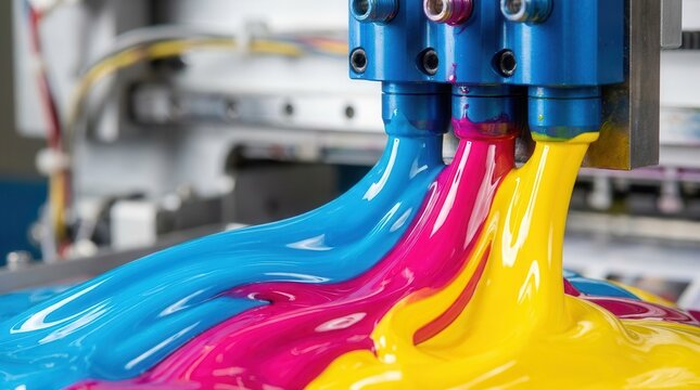 Abstract CMYK ink swirls being dispensed by a high-tech printing machine.