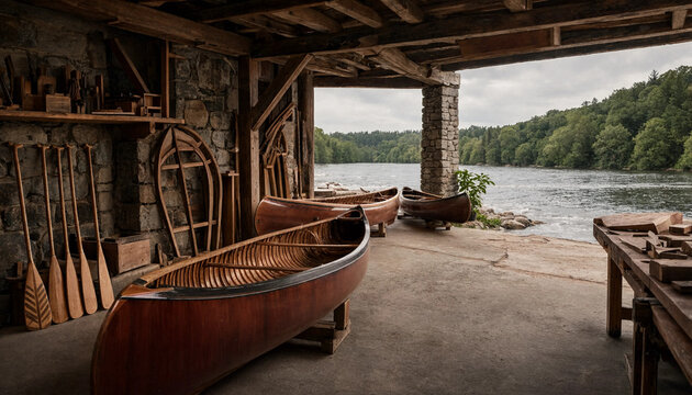 Wooden canoe in a rustic boathouse workshop with stone walls, wooden oars, and a scenic view of a calm lake surrounded by lush green forest trees