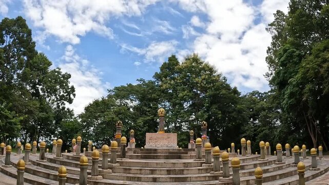 Footage of the navel city pillar of Chiang Rai. The 108 surrounding pillars symbolic to Mount Meru the sacred five-peaked mountain of Hindu mythology. 