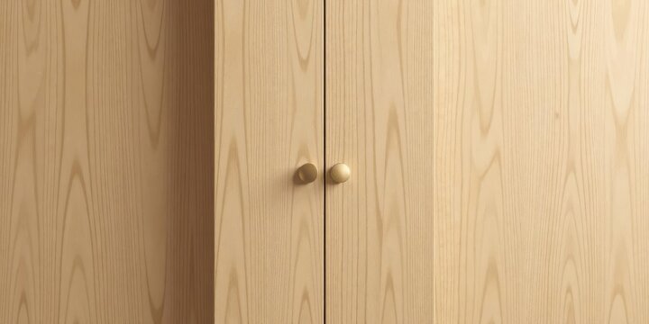 Close-up view of a pair of light wood cabinet doors featuring subtly textured grain and smooth, round, golden knobs.