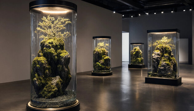 Several tall cylindrical glass display cases in a gallery, each containing a miniature landscape with mossy rocks and a small bonsai-like tree