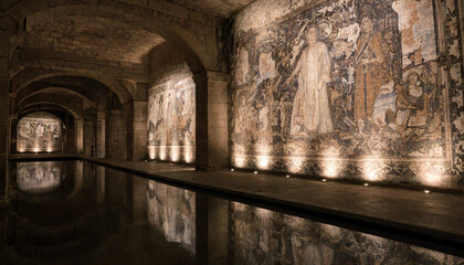 Naklejka premium Underground stone vaulted corridor with ancient wall murals, warm ambient spotlights, and a dark water reflection on the smooth floor surface