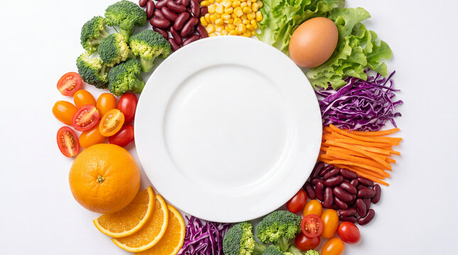 A variety of fresh colorful vegetables, fruits, and an egg arranged in a circle around an empty white dinner plate on a clean white background.