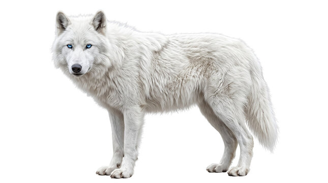 Majestic arctic wolf with blue eyes, wild white wolf standing in profile, beautiful snowy predator with thick fur isolated PNG with Transparent Background