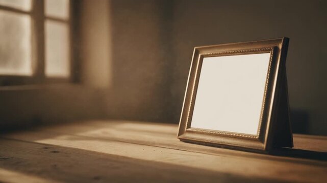 Blank Antique Photo Frame on Rustic Wood Table with Sunlight and Dust Particles, Nostalgic Empty Mockup Full HD