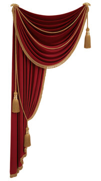 Elegant red velvet curtain with gold tassels and trim for theater or event decoration isolated on transparent background