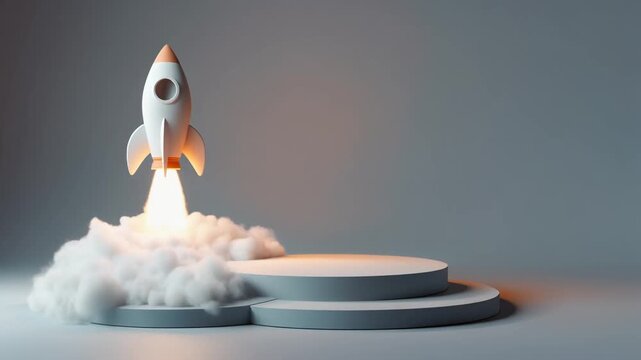 Stylized 3D Miniature Rocket Launching from Podium with Smoke, Concept for Business Startup Growth and Success, Full HD