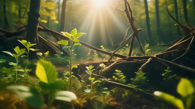 Young Green Forest Sprouts Growing Around Old Damaged Tree Remains, Peaceful Nature Rebirth Scene in Sunlight