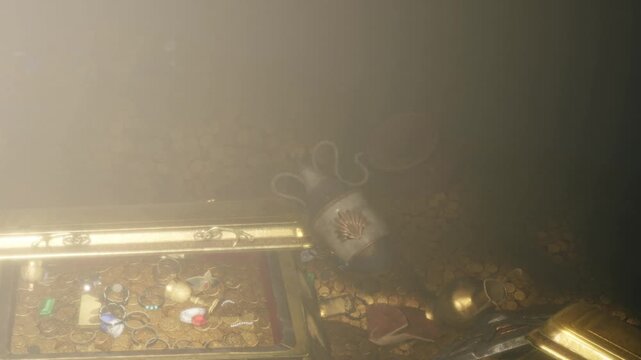 Divers explore a sunken location and discover a large amount of coins and artifacts buried in sand. The scene shows various historical items and treasures that have been uncovered.