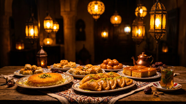 Assorted Arabic Sweets Kunafa and Qatayef with Ramadan Lanterns on Wooden Table