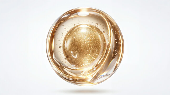 A floating abstract golden sphere forms a circular glowing glass orb in transparent liquid, with bubbles and shimmering particles against a white background.