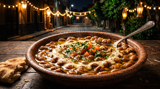 Traditional Egyptian Foul Mudammas Dish for Ramadan Suhoor with Street Lanterns