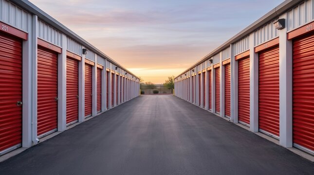 Exterior view of a warehouse with metal self storage rental units and red doors.