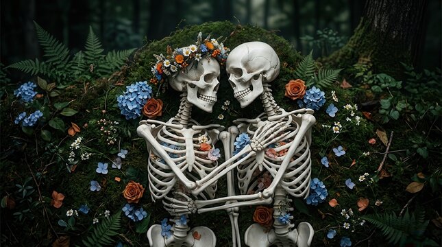 Beautiful skeleton couple smiling at each other in a forest with colorful flowers.