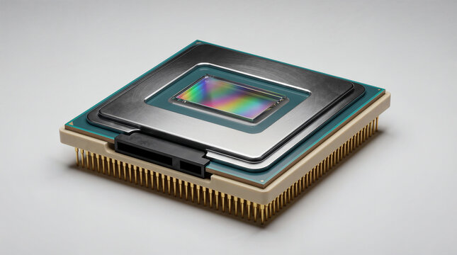 A close up of a computer chip microprocessor in a processor socket, with a silicon die beneath a metal heat spreader, gold pins, and an integrated circuit electronic component on a circuit board.