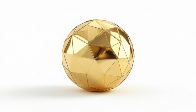 Golden geometric faceted sphere with stitched lines resting on a white studio background geometric ball gold metal low poly polygonal ball reflective ball 3D sphere geometry