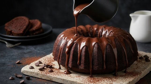 A decadent chocolate cake being drizzled with melted chocolate sauce.