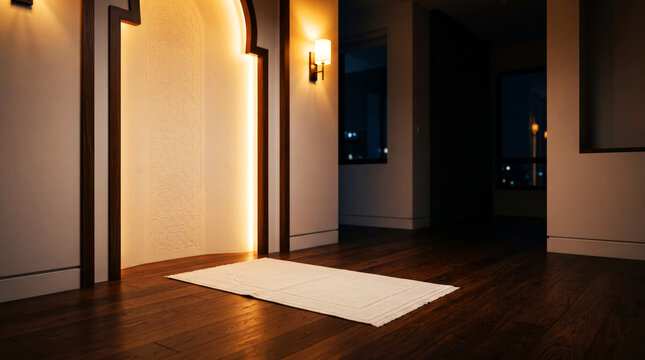 Minimalist Modern Islamic Prayer Corner with Illuminated Arch and Prayer Rug